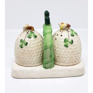 Beehive Salt & Pepper Shakers With Holder Ceramic Bees Japan Vintage